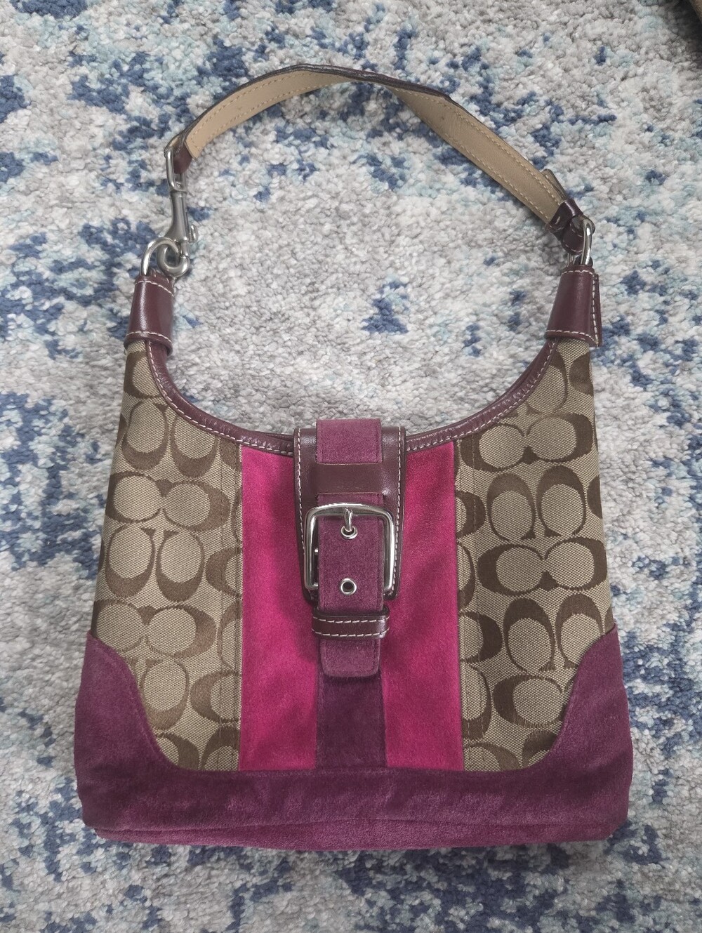Vintage Y2K Coach Hamptons Berry Suede Stripe Signature Tan Pink Hobo Bag 7053